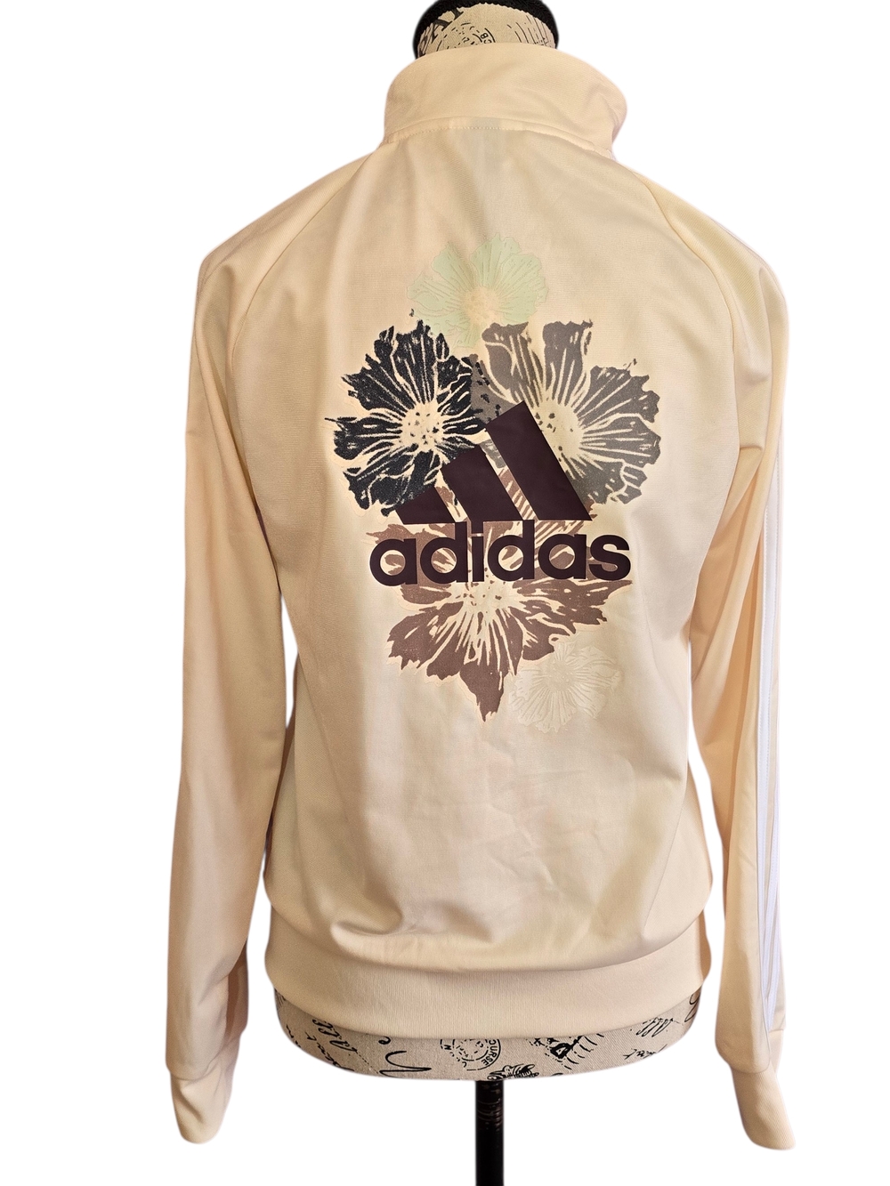 Adidas Cream Floral Graphic 3 Stripes Logo Bomber Jacket S Sporty